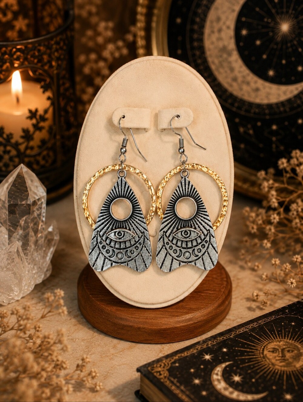 Celestial Evil Eye Earrings Gold Silver Tone Sun Moon Boho Dangle